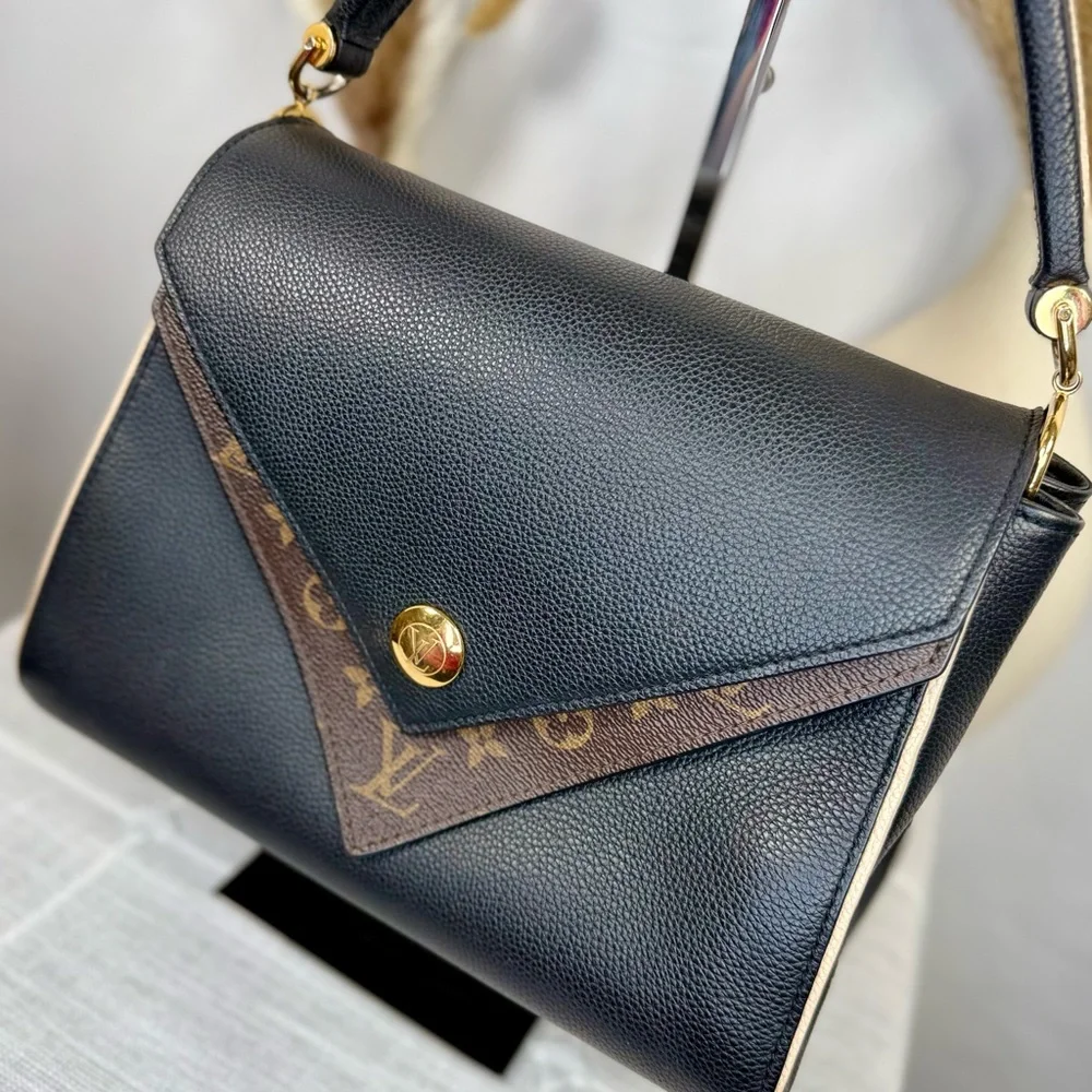 SOLD Louis Vuitton Black Calfskin & Brown Monogram Coated Canvas Double V Bag - Picture 5 of 17